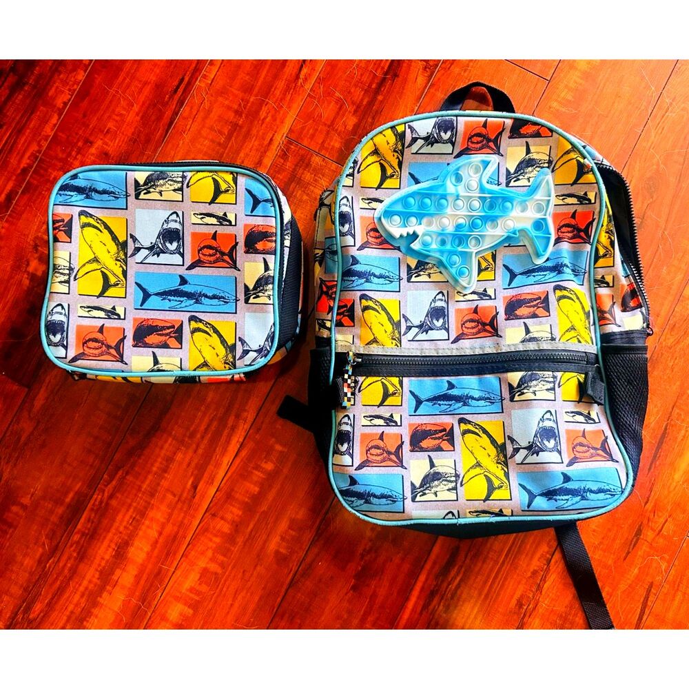 New Whale Print Bag Pack-Lunch Box Set w/ Large rubber Fish Accent Medium size.